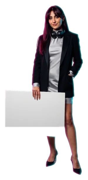 Leila Haddad, a generated character, carrying a white board at her side; the board reads: 12-table poker room.
