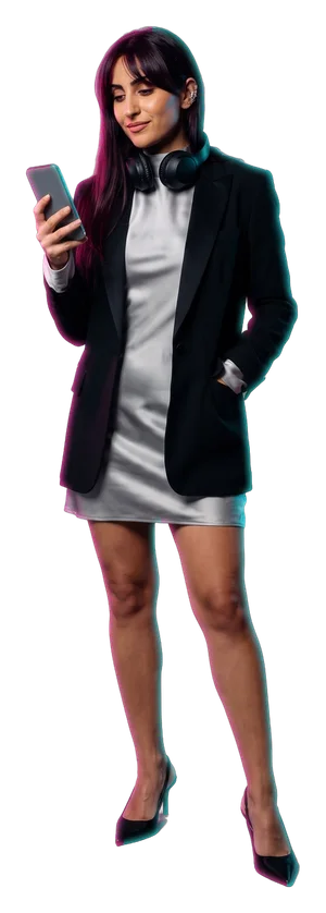 Leila Haddad, a generated character, looking at a phone with a blank screen.